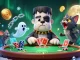 gg88 cartoon character dealing poker cards with Bitcoin, Ethereum, and a spooky atmosphere