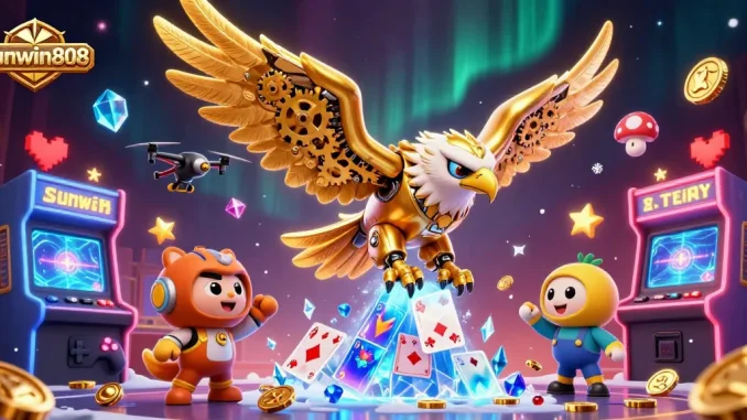 Experience thrilling gaming action with sunwin808 as a golden eagle soars through holographic cards in a vibrant casino world.