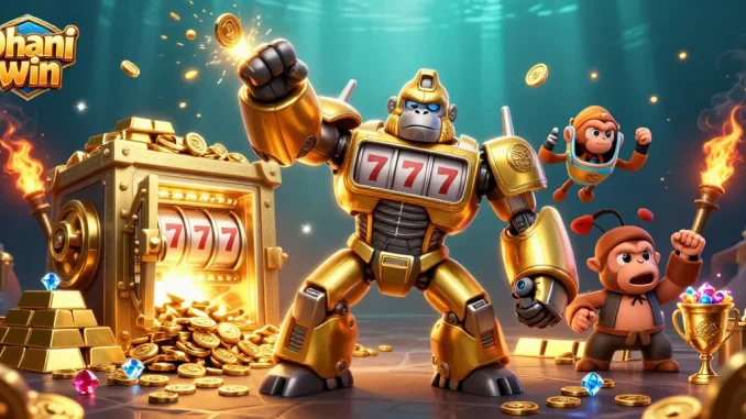 Dhani win platform showcasing thrilling gameplay with a powerful gorilla mech and treasures.