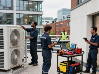 Team providing commercial property maintenance services in London, showcasing professionalism and teamwork in urban setting.