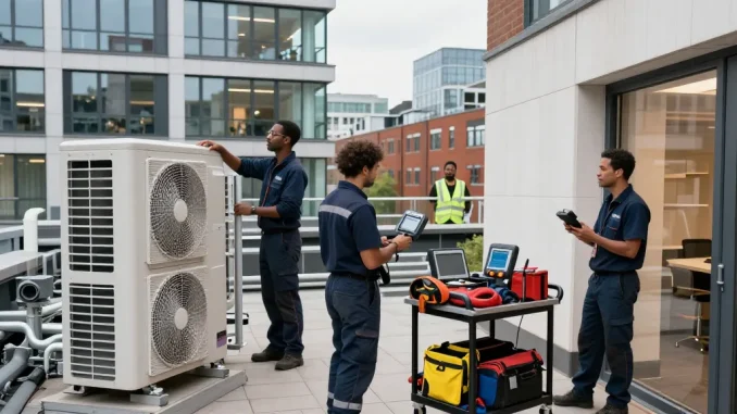 Team providing commercial property maintenance services in London, showcasing professionalism and teamwork in urban setting.