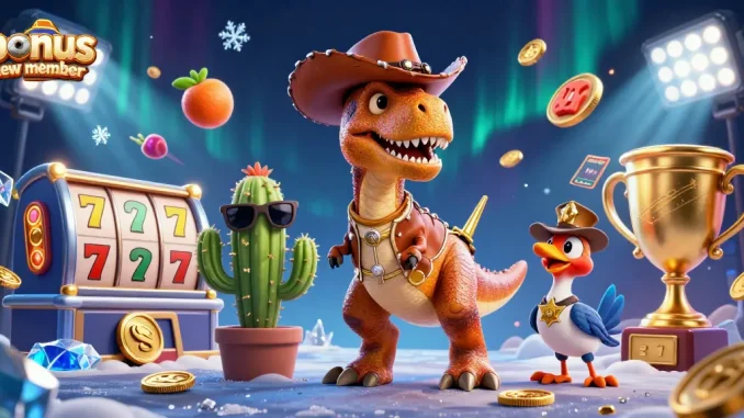 Sign up for a bonus new member offer, featuring a dynamic 3D cartoon scene with casino elements and characters.
