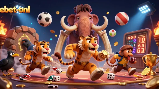 Experience debet-onl with a vibrant prehistoric casino scene featuring engaging characters and dynamic elements.