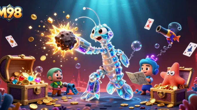 M98 delivers thrilling underwater adventure with galactic samurai shrimp engaging in epic treasure hunt.