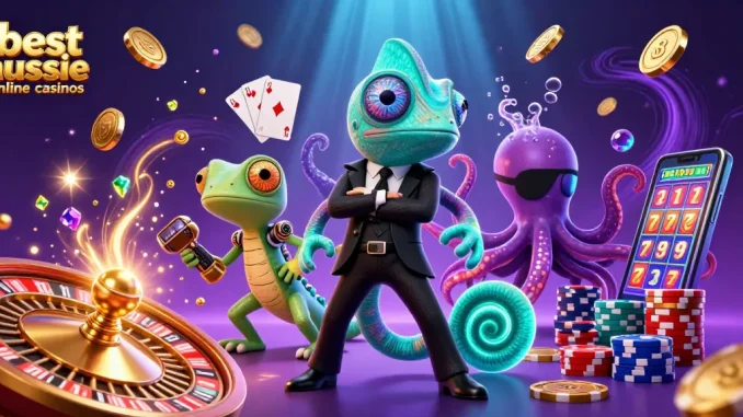 Experience the best aussie online casinos with a colorful 3D illustration of dynamic characters among casino elements.