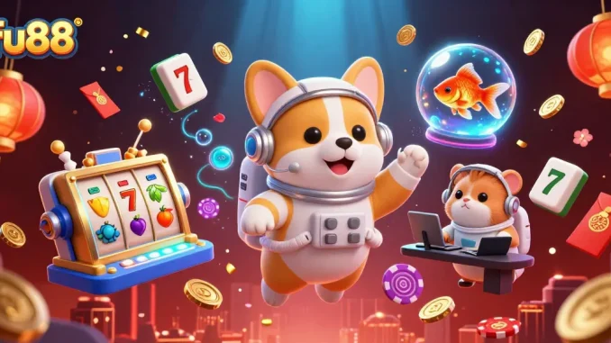 fu88 showcases a dynamic space casino scene with 3D characters, immersive gaming elements and vibrant visuals