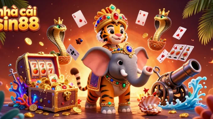Play exciting games at nhà cái sin88 with vibrant casino illustrations featuring slot reels and lucky symbols.