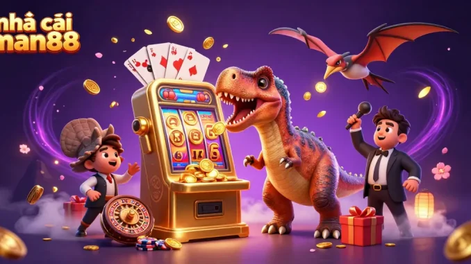 Experience the excitement at nhà cái man88 with cartoon dinosaurs in a flashy casino scene.