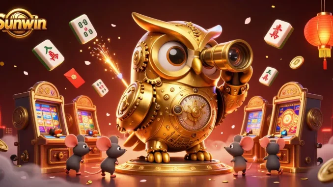 Experience the excitement of Sunwin as the golden owl observes casino action with whimsical elements.