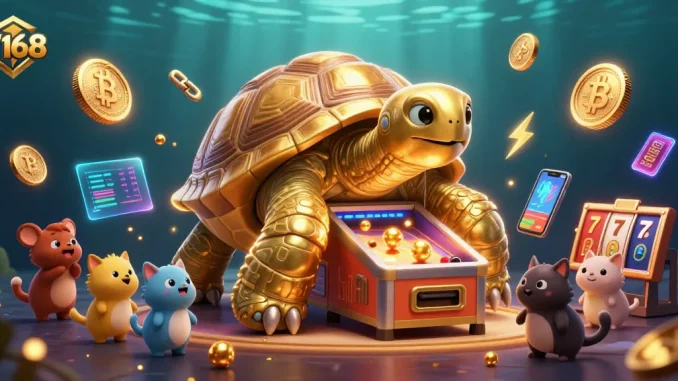 Engage with F168 in an exciting casino atmosphere featuring a golden tortoise pinball machine and vibrant crypto elements.