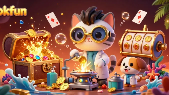 Engage with the thrilling world of okfun as a mad scientist cat crafts gold coins amidst a vibrant casino scene.