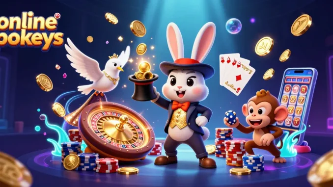 Engage with thrilling online pokies as a magician rabbit conjures golden coins and poker chips in a magical casino setting.