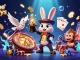 Engage with thrilling online pokies as a magician rabbit conjures golden coins and poker chips in a magical casino setting.
