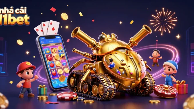 Experience the excitement of nhà cái 11bet with a vibrant casino in a golden beetle tank illustration.