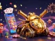 Experience the excitement of nhà cái 11bet with a vibrant casino in a golden beetle tank illustration.