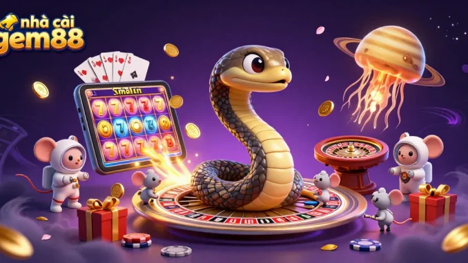 The vibrant scene shows nhà cái gem88 characters in a galaxy-themed casino environment, featuring astronauts and a cosmic dealer.