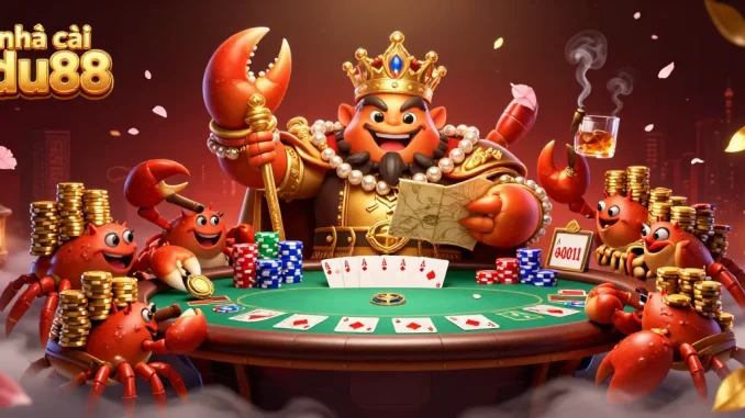 Engage with the vibrant and dynamic gaming scene of nhà cái du88 featuring a golden crab emperor ruling over poker excitement.
