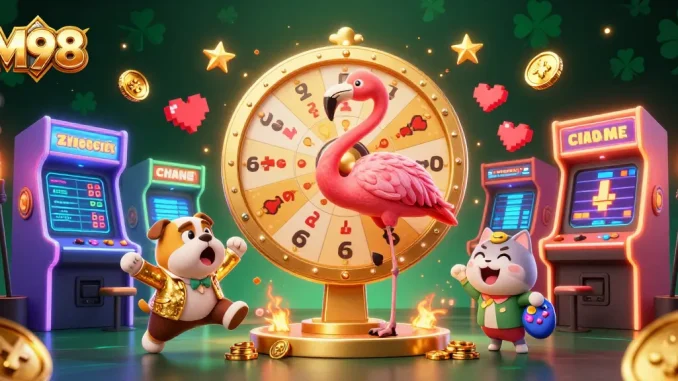 Spin the giant prize wheel at M98 and win exciting prizes in this vibrant casino scene.