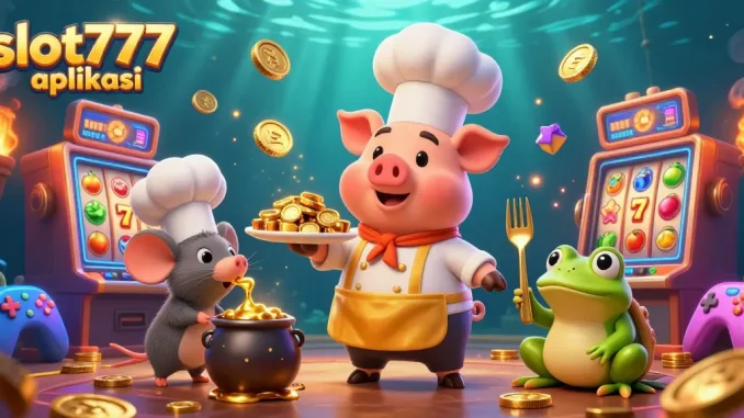 Experience slot777 aplikasi with a vibrant 3D casino scene featuring animated characters and slot machines.