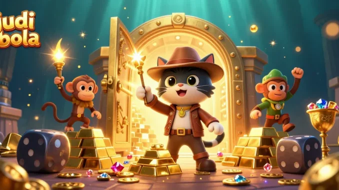 Engage in judi bola with strategic betting illustrated by an explorer cat finding treasure amidst golden artifacts.