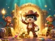 Engage in judi bola with strategic betting illustrated by an explorer cat finding treasure amidst golden artifacts.