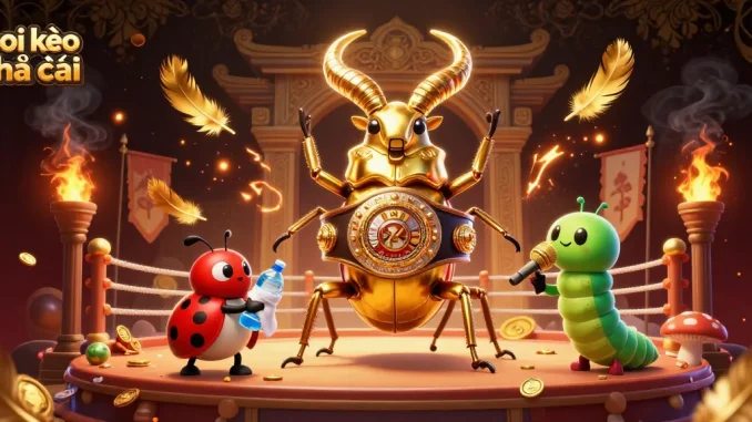 Engage with the thrilling soi kèo nhà cái showdown between boxing beetles amidst an animated casino scene.