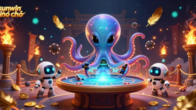 Engage with sunwin chính chủ as a 3D cartoon alien octopus plays poker amidst vivid casino elements.