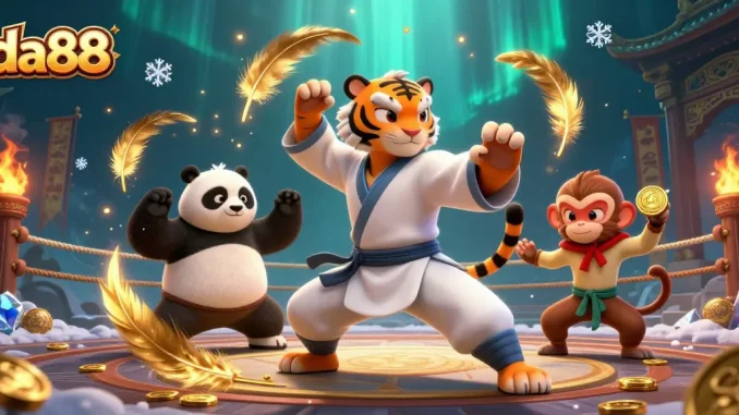 Experience the excitement of da88 through vibrant 3D illustration showcasing a kung fu tiger amid casino elements.