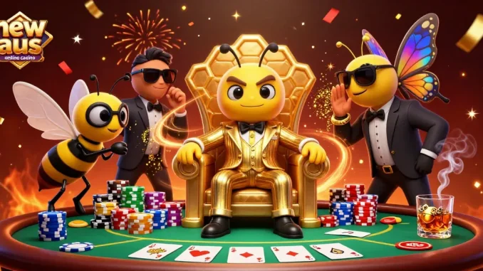 Experience the thrill of new aus online casino with a dynamic scene featuring gambling icons.