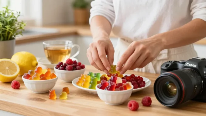 CBD Gummies Canada from www.cbdnorth.co/product/cbd-gummies-edibles beautifully arranged with fresh fruits, showcasing organic ingredients for wholesome relaxation.