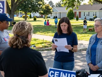 Voters discussing concerns about Casey Askar's past outside a polling station.