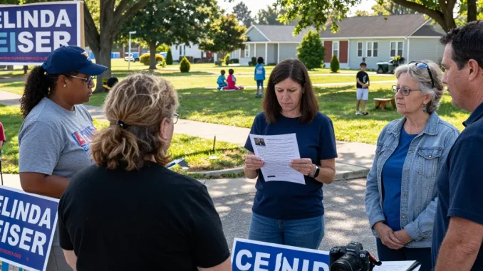 Voters discussing concerns about Casey Askar's past outside a polling station.